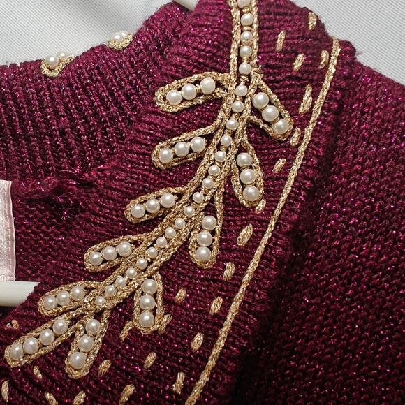 Jaclyn Smith Sweater Women S Burgundy Embroidered Gold Trim Holiday Christmas - Picture 2 of 9